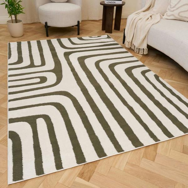 Patterned rug on a wooden floor in a living room setting