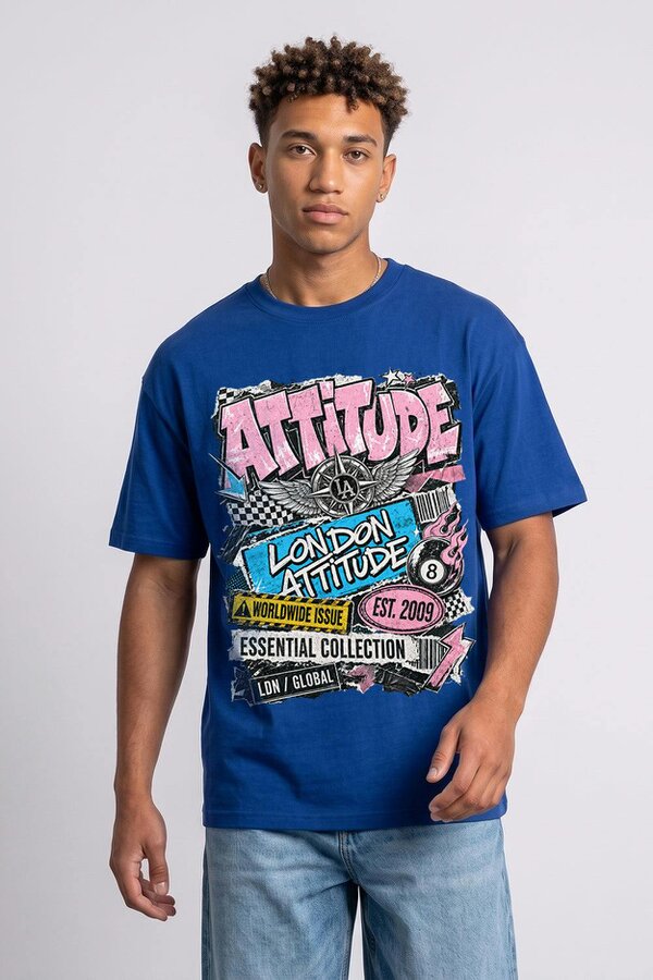 London Attitude Retro Graphic Oversized Heavyweight Streetwear T-Shirt - Deep Royal Blue