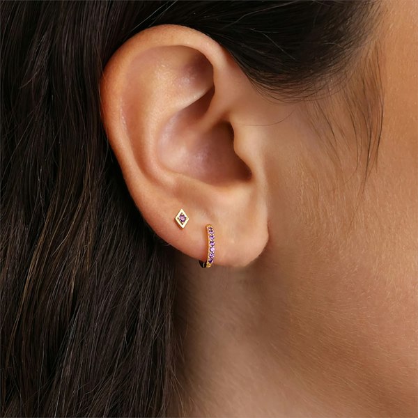 Amethyst February Birthstone Earring Duo: Cartilage Labret and Small Huggie Hoop Gift Set