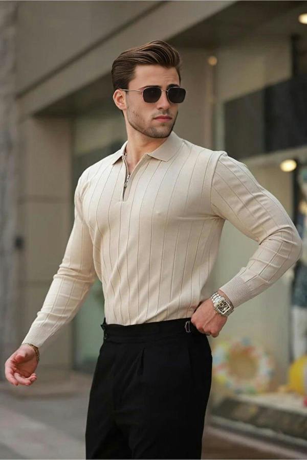 WOVCOR Polo Collar Zippered Knit Men's Sweater