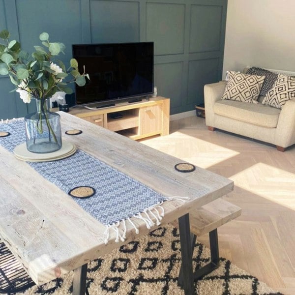 White wash 160cm reclaimed dining table and 130cm bench
