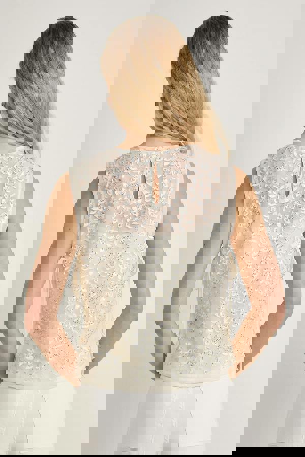 GWD Imara Floral Embroidery, Sheer Mesh Sparkle Top