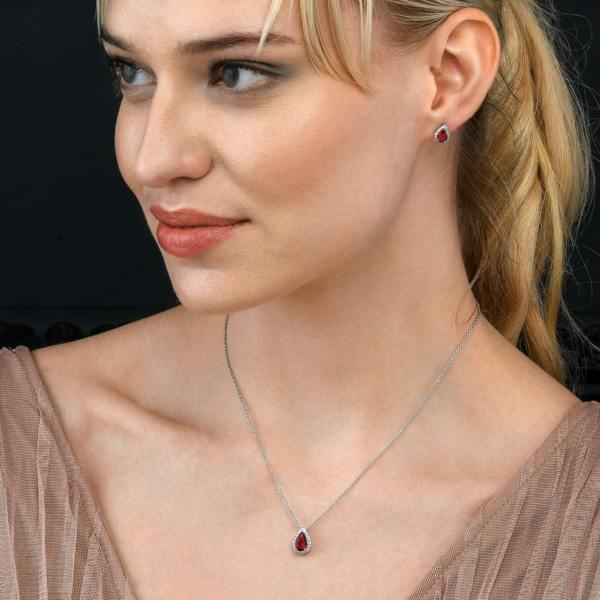 namana 925 Sterling Silver Pear Drop Red Halo Pendant Necklace for Women