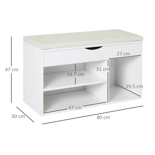 White shoe cabinet bench with open storage shelves and hinged door