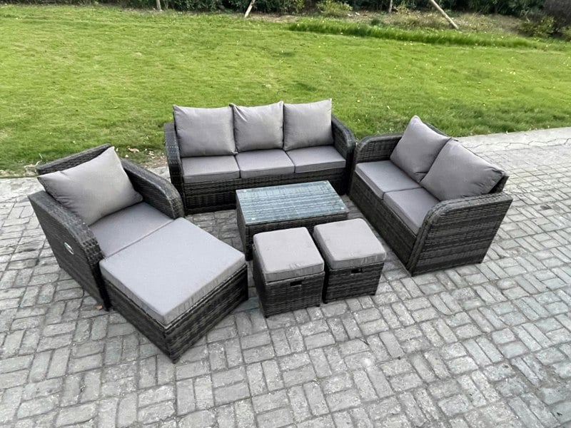 Fimous Outdoor Garden Furniture Sets 7 Pieces Wicker Rattan Furniture Sofa Sets with Rectangular Coffee Table Loveseat Sofa 3 Footstools