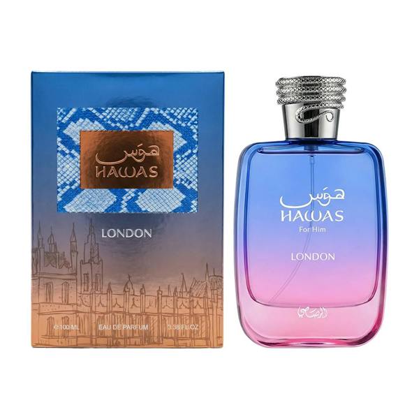 Rasasi Hawas London For Him Eau De Parfum 100ml men's fragrance bottle with gradient blue pink design and retail box packaging