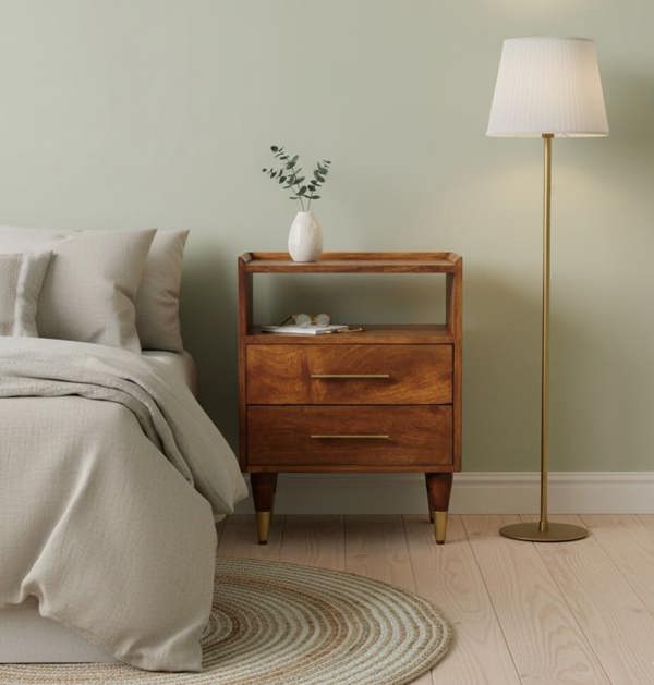 Artisan Furniture Solid Wood Valenza Open Frame Bedside, 2 Drawers & 1 Open Slot, Brown
