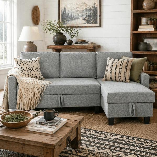 Wyld Haus Fima Light Grey Fabric Upholstered 3 Seater Sofa Bed With Storage