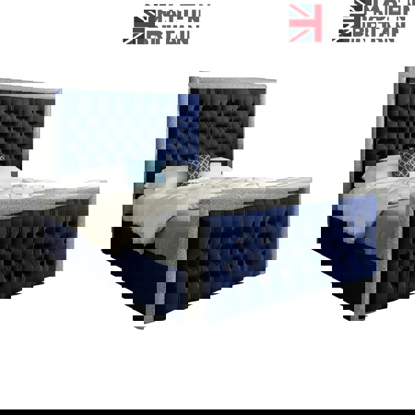 Casa Magna Venice Glitter Border Upholstered Soft Velvet Bed Frame - Blue