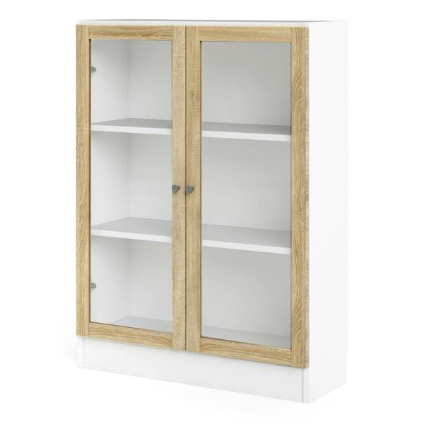Furniture To Go Basic Low Wide Display Cabinet in White (2 Shelves) with 2 Glass Doors in Oak