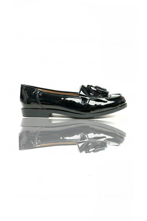 Liana Patent Tassel Brogue Flats - BLACK