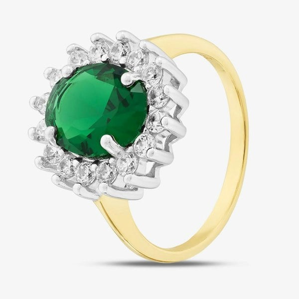 T. H. Baker Silver Gold Plated Oval & Brilliant Cut Green Cubic Zirconia Halo Ring S2160Y