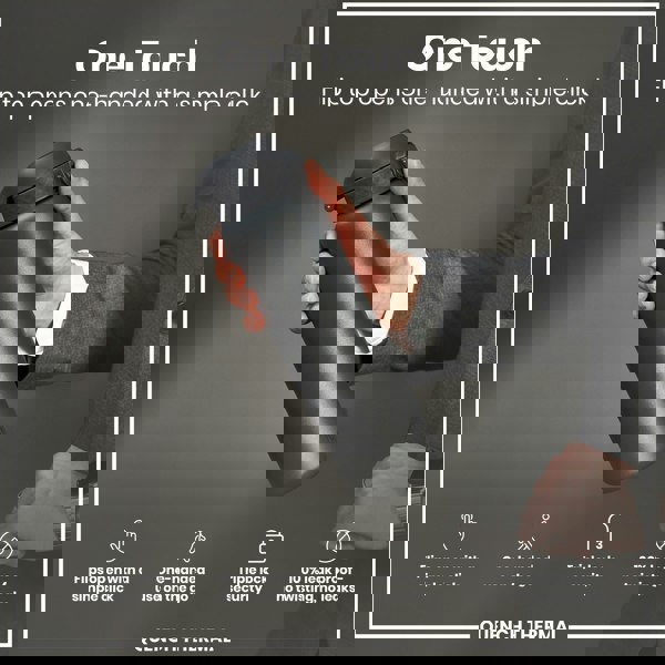 A dark gray water bottle is held; its flip top opens one-handed. The context is an advertisement highlighting its features: one-handed operation, triple lock security, and leakproof design.