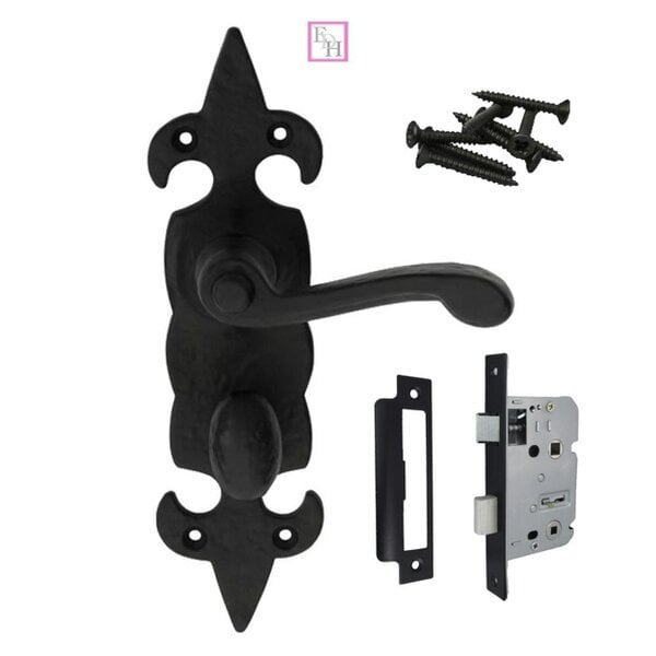 EDH Door Hardware Black Cast Iron Fleur-de-Lys Bathroom Door Handles – Antique Privacy Lever Set