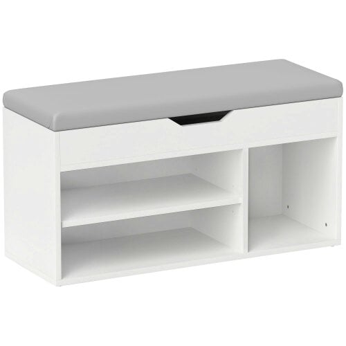 Wyld Haus Zima Wooden White Shoe Storage Bench With Hidden Compartment And Grey Padded Seat