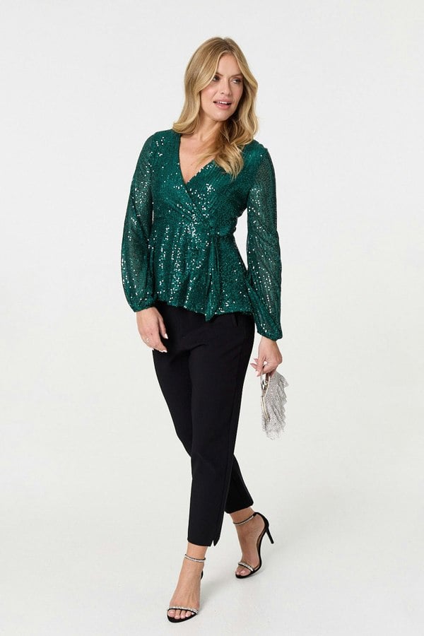 Green | Sequin Embellished Long Sleeve Peplum Top
