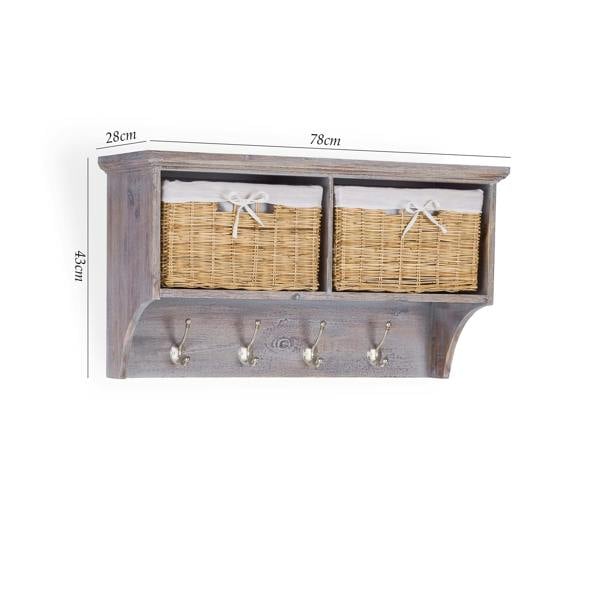 Statement Furniture Tetbury Acacia Wood Hanging Shelf with Coat Hooks and Storage Baskets