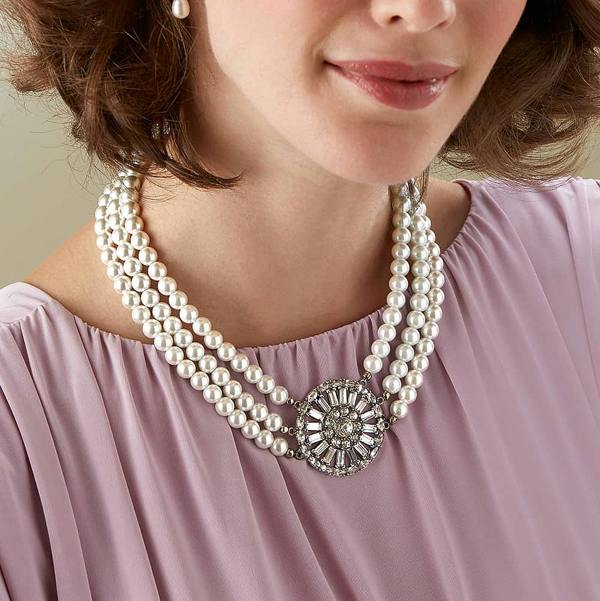 Pia Faux Pearl Necklace, Silver-Tone Crystal Centrepiece