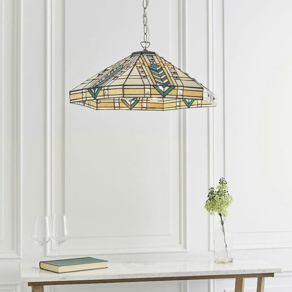 Tiffany Glass Hanging Ceiling Pendant Light Chrome Art Deco Large Shade i00134 Loops