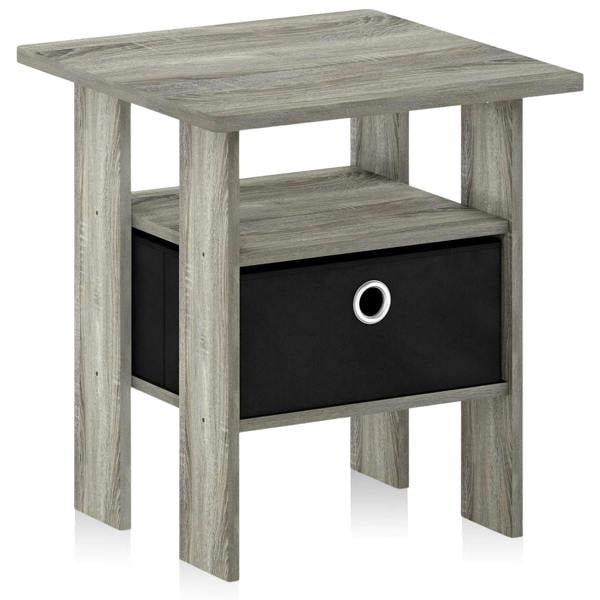 WALPLUS Andrey End Table Nightstand with Bin Drawer, French Oak Grey/Black | Stylish Table for Home Use with Practical and Modern Design