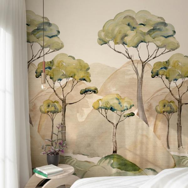 Grandeco Watercolour Ravello Trees Mountain Landscape 3 panel repeatable Mural 1.59 x 2.8m, Green Beige