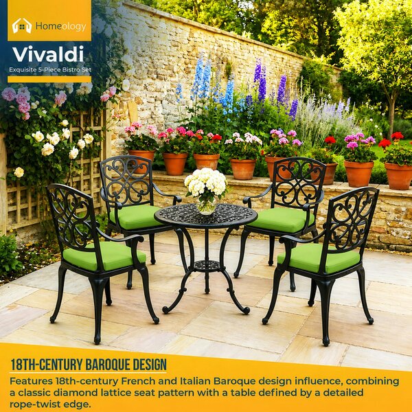 Homeology VIVALDI Black 5-Piece Cast Aluminium Garden Bistro Set - with Green Cushions