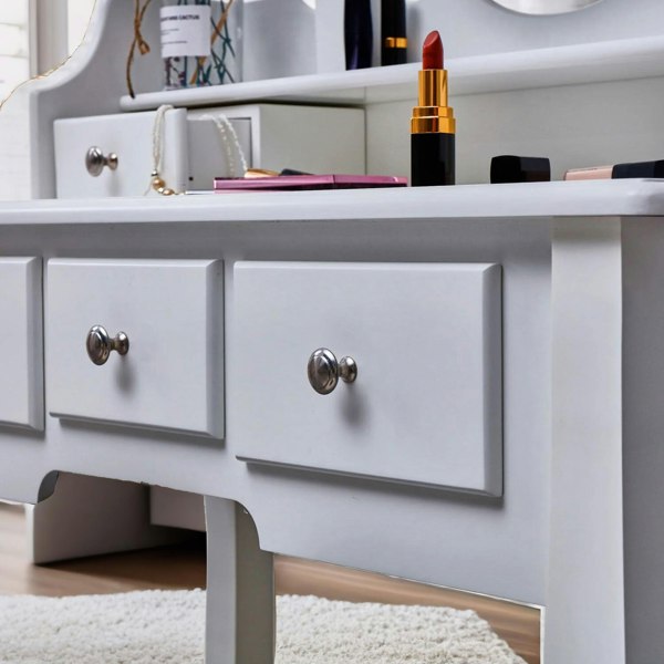 Rafaelo Mobilia 5 Drawer White Dressing Table With Round Mirror And Stool