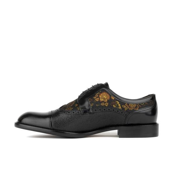 Embassy London Orlando - Black & Yellow Flowers - Men's toe cap dressy black shoe with flower print leather
