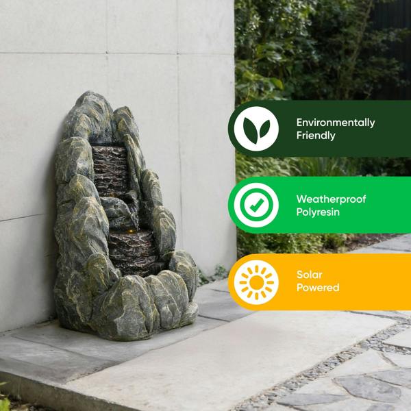 Gardenwize Solar Water Feature – Tiered Cascading Rock Fountain with LED Lights & Battery Backup
