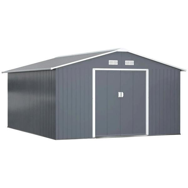 Grey metal garden shed with double doors and small roof ventilation vents