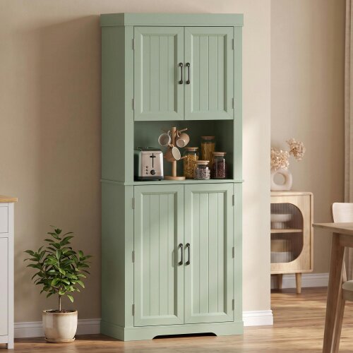 HOMCOM 183 cm Tall Kitchen Cupboard with Door Racks, Sage Green