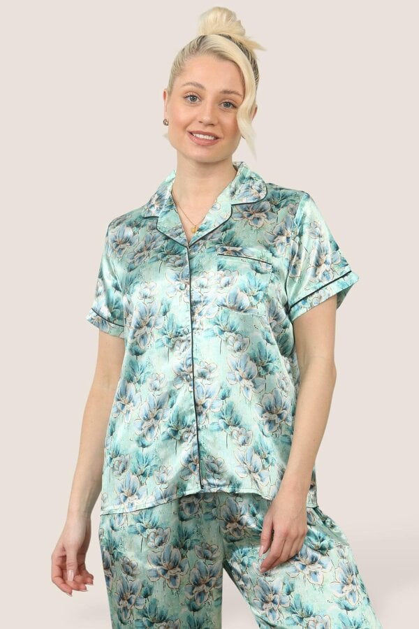 Elaina Fashion Satin Floral Pyjama Set – Luxury Comfort for a Dreamy Night’s Sleep - Sage