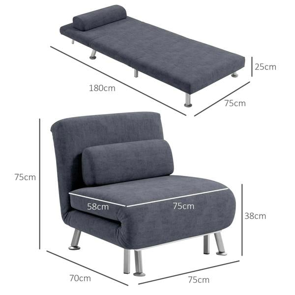 Charcoal grey sleeper chair with padded seat, backrest, and adjustable recline