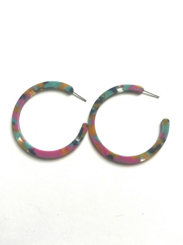 One Of A Kind Club Mustard,pink and teal big hoop acrylic earrings