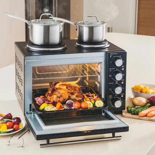 Cooks Professional 28L Mini Oven with 2 Hobs | Black / Silver