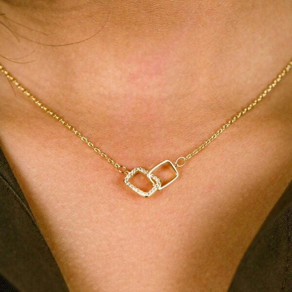 The Colourful Aura Sterling Silver Square Interlocking Zircon Clavicle Geometric Pendant Necklace - Gold - Gold