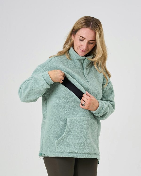 Pretty Mama Cosy Quarter Zip Oversized Breastfeeding Fleece with Pocket - Sage