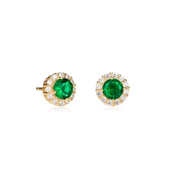 namana Gold Plated Sterling Silver Green Cubic Zirconia Round Halo Stud Earrings