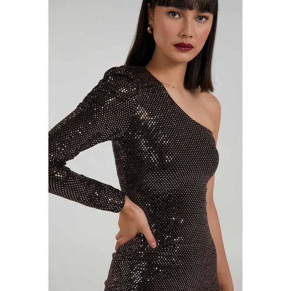 Pink Vanilla One Shoulder Ruched Sleeve Sparkle Dress