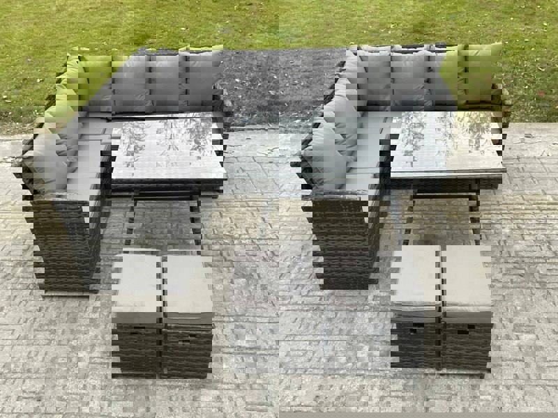 Fimous Wicker Rattan Garden Furniture Corner Sofa Set with Oblong Dining Table 2 Small Footstools 8 Seater Outdoor Rattan Set Dark Grey Mixed