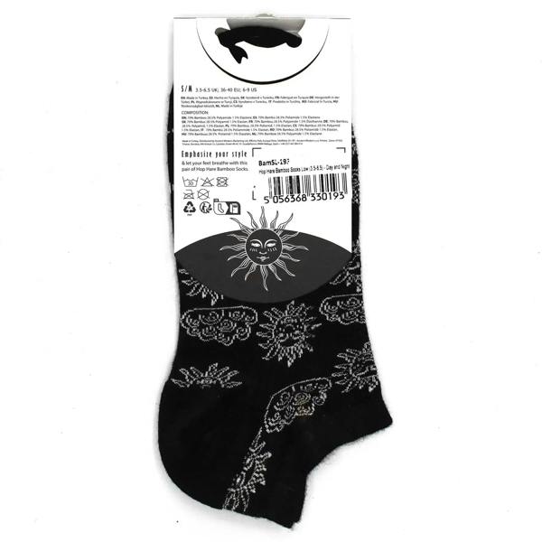 Black low-cut bamboo socks with moon and cloud pattern