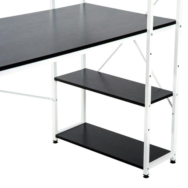 White computer desk with black tabletop and two lower open shelves