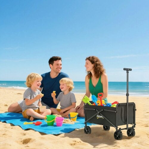 Bobobiy 41L Festival Trolley on Wheels, 60kg Heavy Duty Collapsible Foldable Wagon with Adjustable Handle and Carrying Bag for Beach, Black