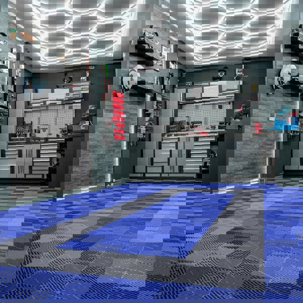 Monstershop Vented Garage Floor Tiles With Edges – 90 Blue & 30 Grey