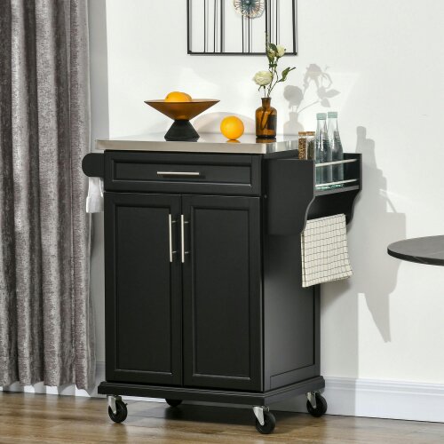 HOMCOM Rolling Kitchen Cart Storage Trolley with Drawer Towel Rail Steel - Black
