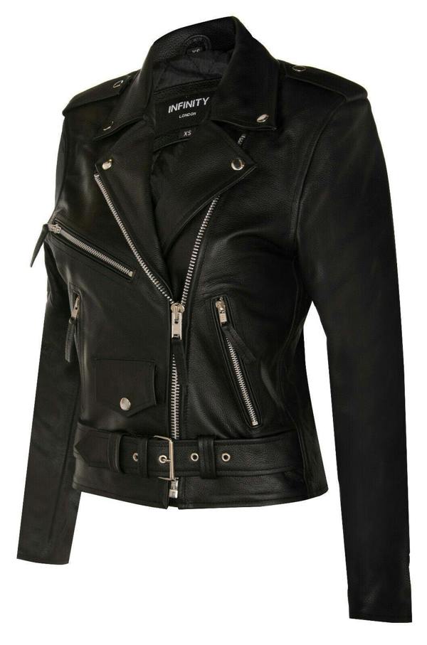 Womens Cowhide Leather Biker Jacket-Mansfield - Upperclass Fashions 