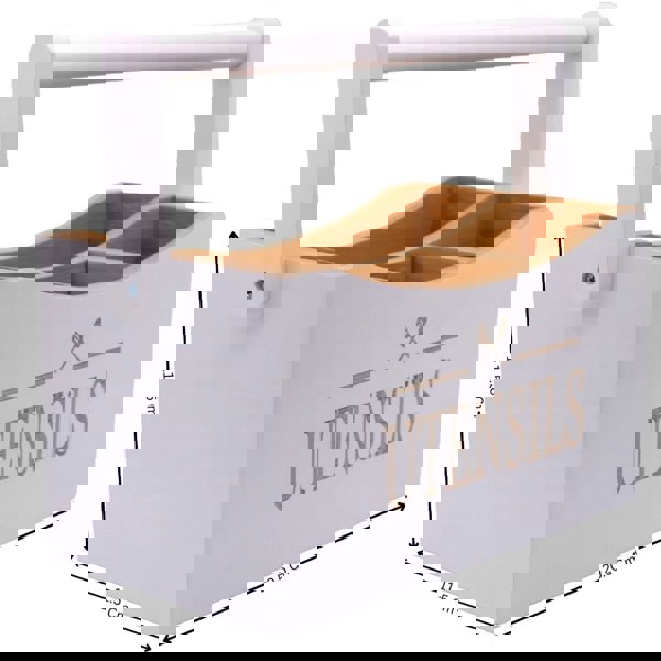 White utensil holder with wooden compartments and 'UTENSILS' text on a white background