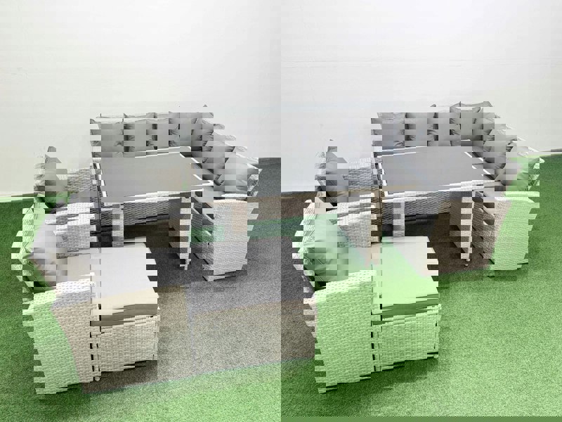 Fimous Outdoor Garden Furniture Sets 9 Seater Wicker Rattan Corner Sofa Sets with Rectangular Dining Table Lounge Sofa Big Footstool Light Grey