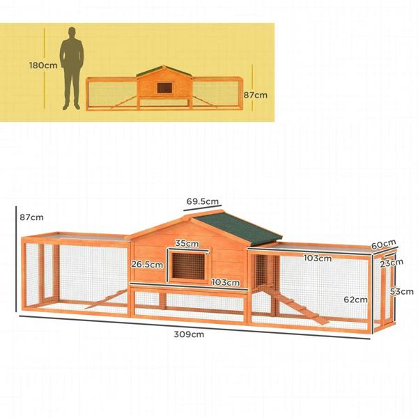 Orange wooden rabbit hutch with run layout, wire mesh enclosure, green asphalt roof