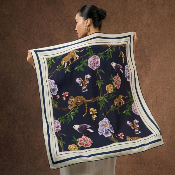 Midnight Safari Wool Silk Scarf – Animal Print Wrap, Hand-Rolled Hem, Winter Gift
